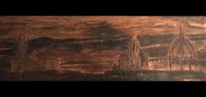 Skyline di Firenze. Bassorilievo, gesso a oro, foglia di rame ossidata. Dim. 65 x 180 cm.