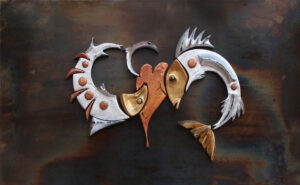 Pisces. Puzzle calamitato: gesso a oro, foglia d'argento, di rame e d'oro, lastra di ferro ossidata montata su plexiglass. Dim. 47 x 70 cm.