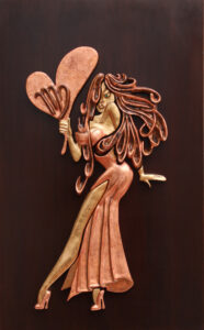 Virgo. Puzzle calamitato: gesso a oro, foglia d'oro e di rame, lastra di ferro ossidata montata su plexiglass. Dim. 70 x 47 cm.