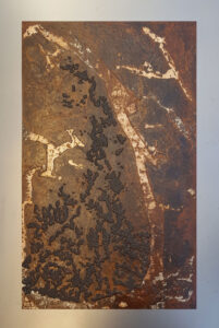 Foresta in fiamme. Lastra di acciaio acidata, foglia d'argento. Dim. 65 x 40 cm.