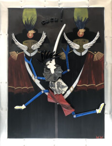 Pinocchio scappa dai carabinieri. Puzzle calamitato: gesso a oro, foglia d'argento, lattina riciclata, lastra di ferro ossidata. Dim. 56 x 43 cm.