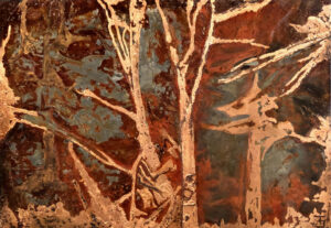 Sfumature nel bosco. Lastra di acciaio acidata, foglia di rame. Dim. 21 x 30 cm.
